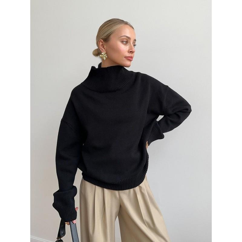 Womens Oversized High-Neck Knit Pullover Sweater Soft Thick Plain Color Casual Long Sleeve Top