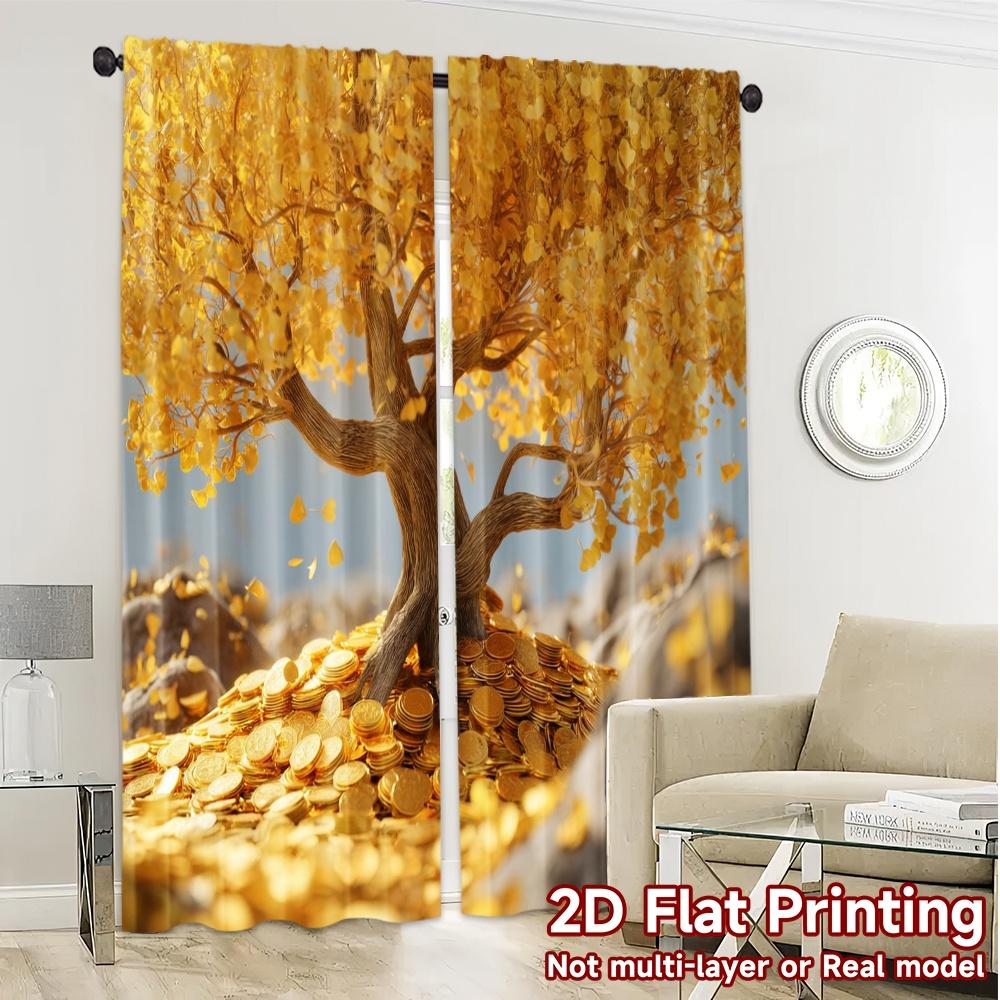 2pcs, 2D FLAT PRINTING Curtains (Without Rod) Golden Blossom Tree Popular Light Filtering Curtains Versatile Polyester Curtains