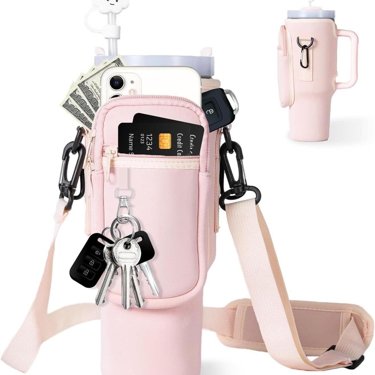 Sac de Transport pour Bouteille d'Eau pour Tasse Isotherme 40 oz Porte-Gobelet Sac Portable pour Bouteille d'Eau avec Bandoulière Réglable rose