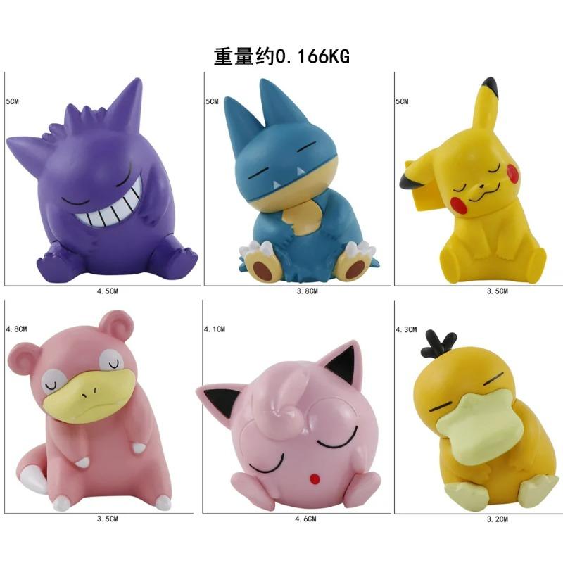 Sleep Version Figures 6Pcs Pikachu Gengar Jigglypuff Slowpoke Gonbe Psyduck Anime Kawaii Doll Model Collection PVC Toys