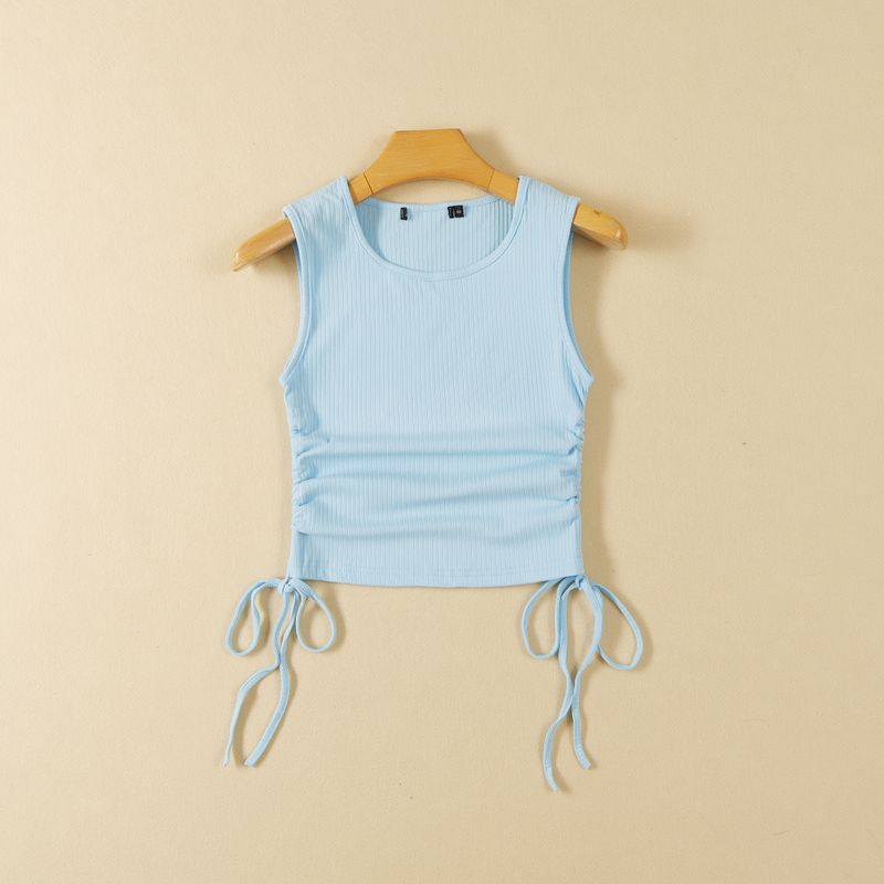 

Export Summer Women s Drawstring Silm Vest Elastic Thread Cloth Casual Bottoming Sling Casual Elegant Tops Sky Blue S
