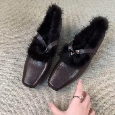 Retro Square Head Fur Slip-On Shoes Metal Buckle One-Strap Lightweight Mary Jane Shoes for Women