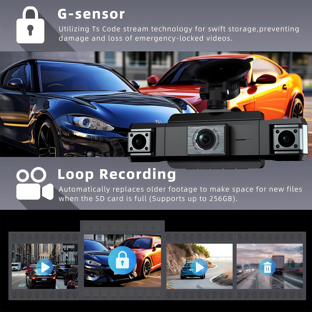 1080P Quad Dash Cam, 4-Channel 4-Screen Display, WiFi, Phone Sync, Rear View, Night Vision, Wide Angle