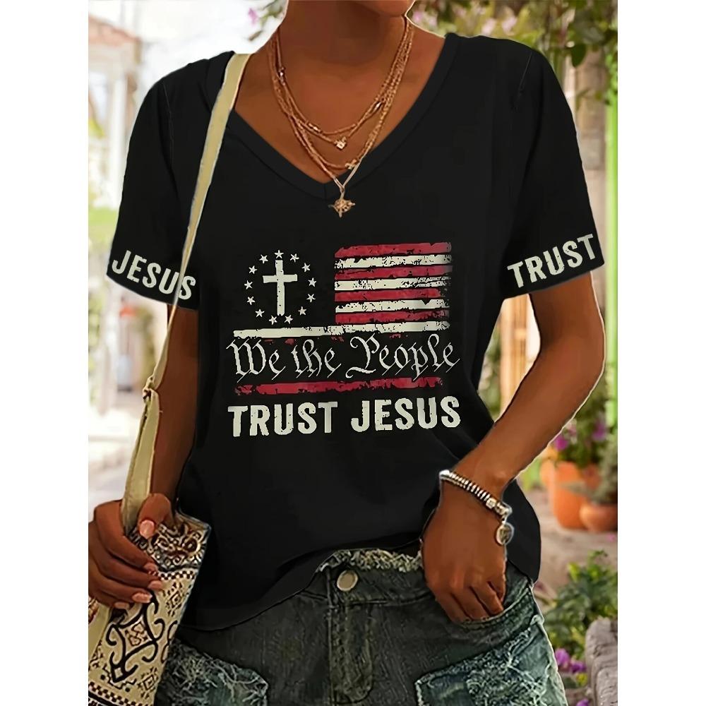 New Star Print Women's T-Shirt Plus Size Top America Flag Summer Women's Trendy Clothing Short Sleeve Shirt V-Neck Blouse