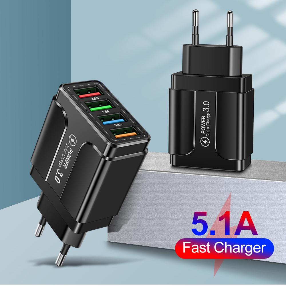 Fast 4 USB Charger Quick Charge 3.0 Fast USB Wall Charger Portable Mobile Charger QC 3.0 Adapter for Xiaomi IPhone X EU US Plug