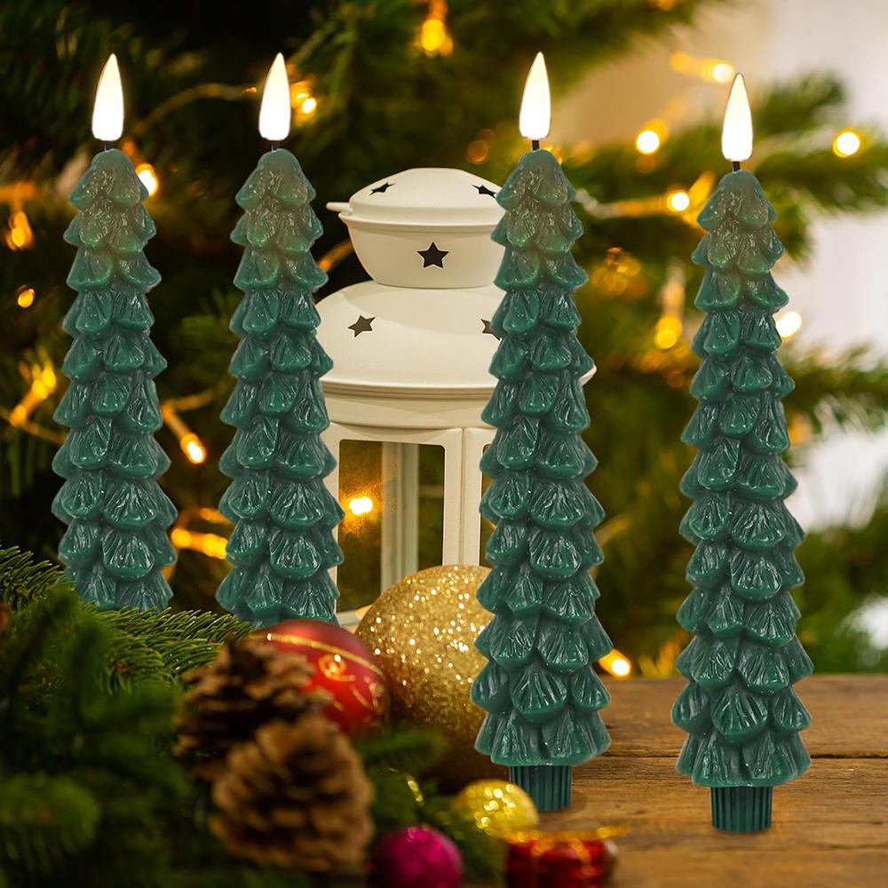 2Pcs Christmas Tree LED Flameless Candles Light with 3D Flame Wick Green LED Candlesticks  Operated forChristmas Home Decoration