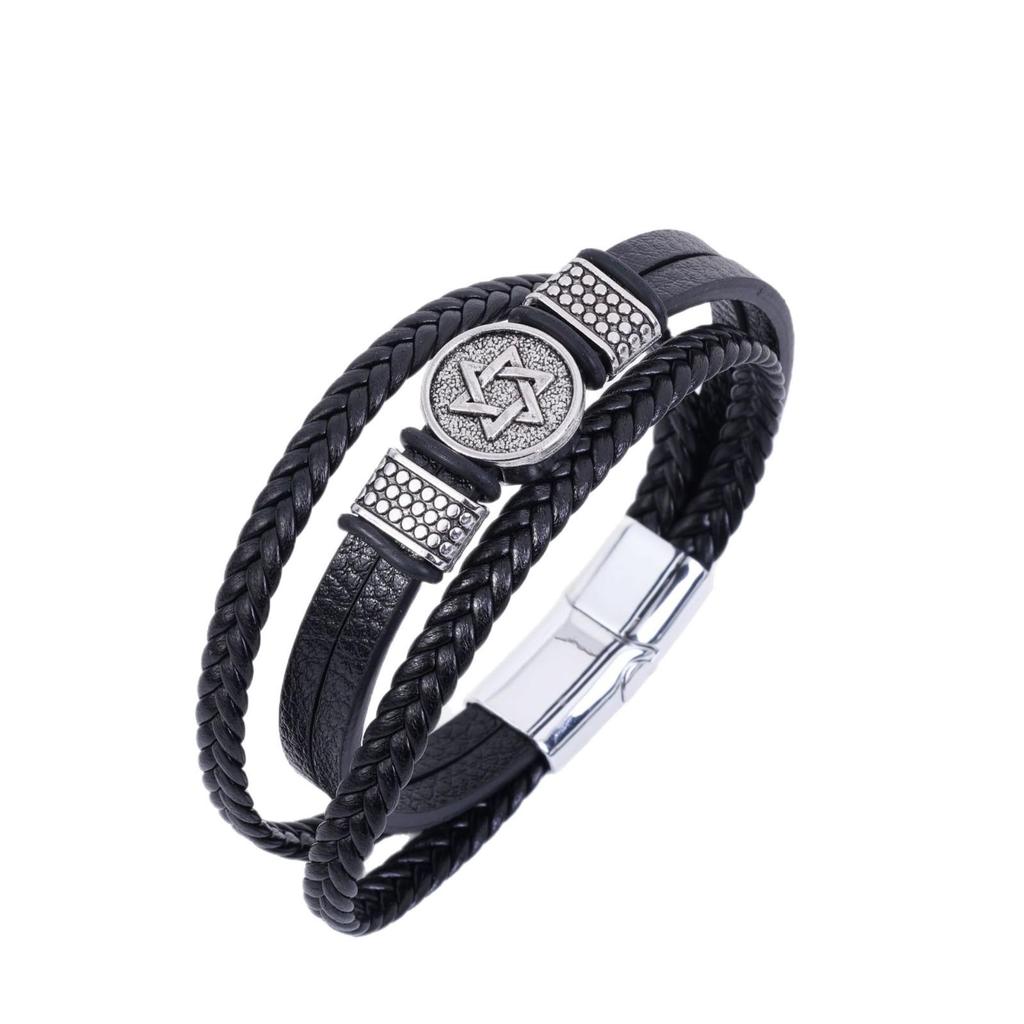 Men's Versatile Hip-Hop Bracelet - Woven Leather, Six-Pointed Star Design, Japanese/Korean Style