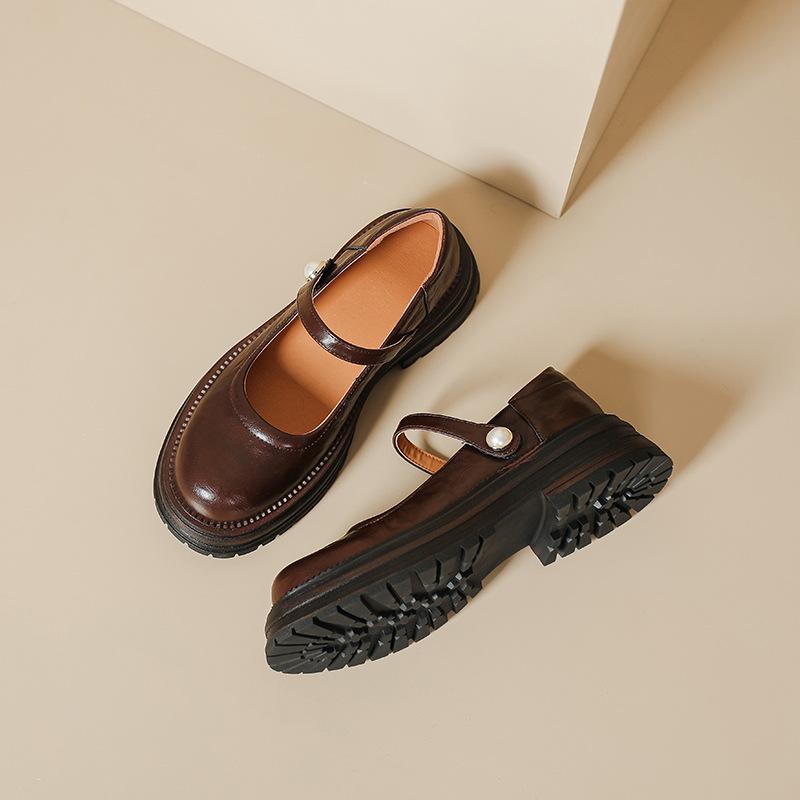 Retro British Shallow Mouth Small Leather Shoes Women's Spring and Summer New Round Head One-word Buckle Belt JK Versatile Japanese Mary Jane Singl