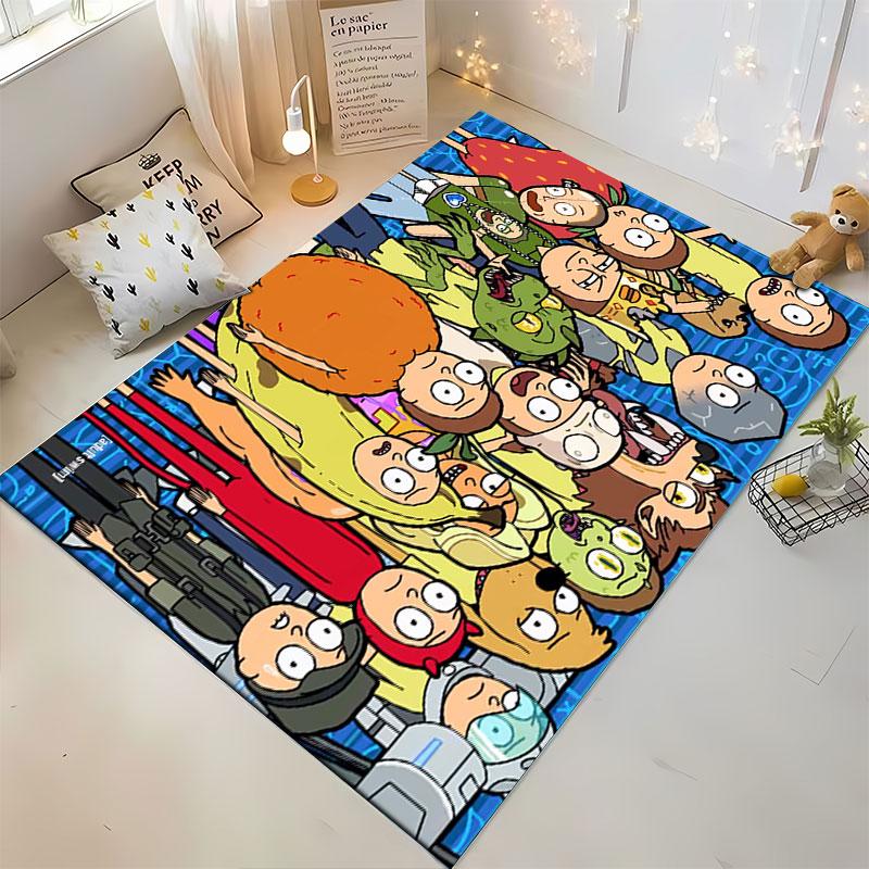 Rick and Morty Character Group Collage on Blue Area Rug, Chaotic Cartoon Ensemble Design, Animated Series Cozy Home Floor Decor, All Seasons Gift