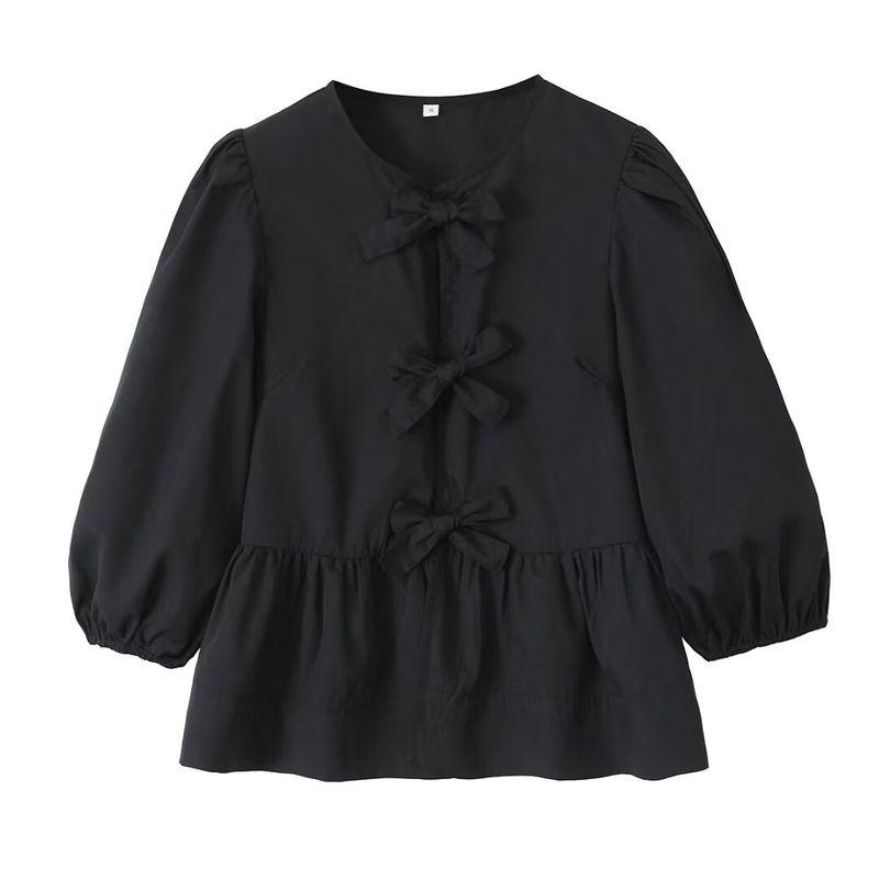 Kaslead New Arrival Women's Clothing Fashion Style Fashion Casual Minimalist Bowknot Long Sleeves Shoelace Small Top