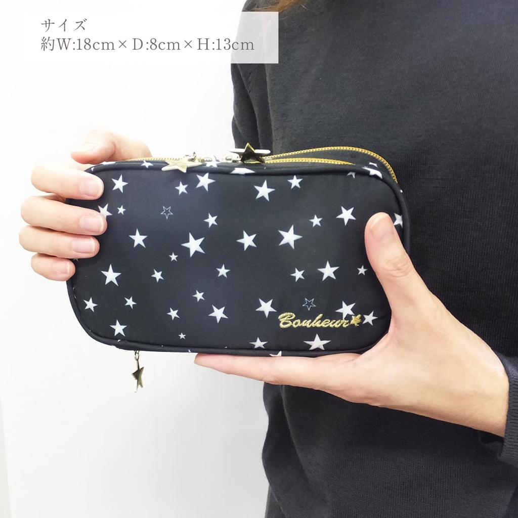 AtFirst Makeup Large Star AF8282 Pouch, Capacity, Two-Layered Design, Black, Pattern,
