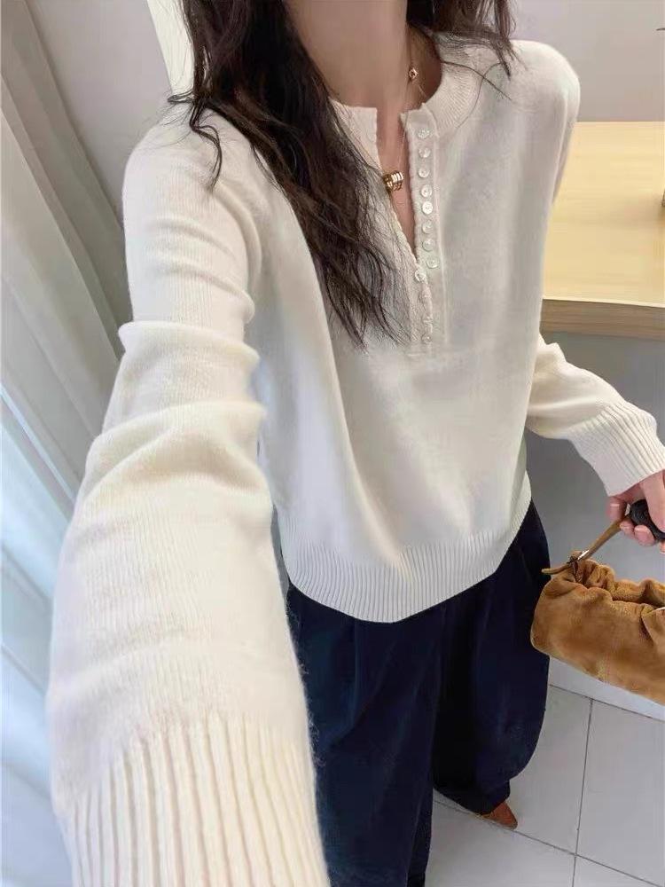 Women's Korean Style V-Neck Wool Sweater - Button-Up, Long Sleeve, Slimming, Versatile Knitwear Top