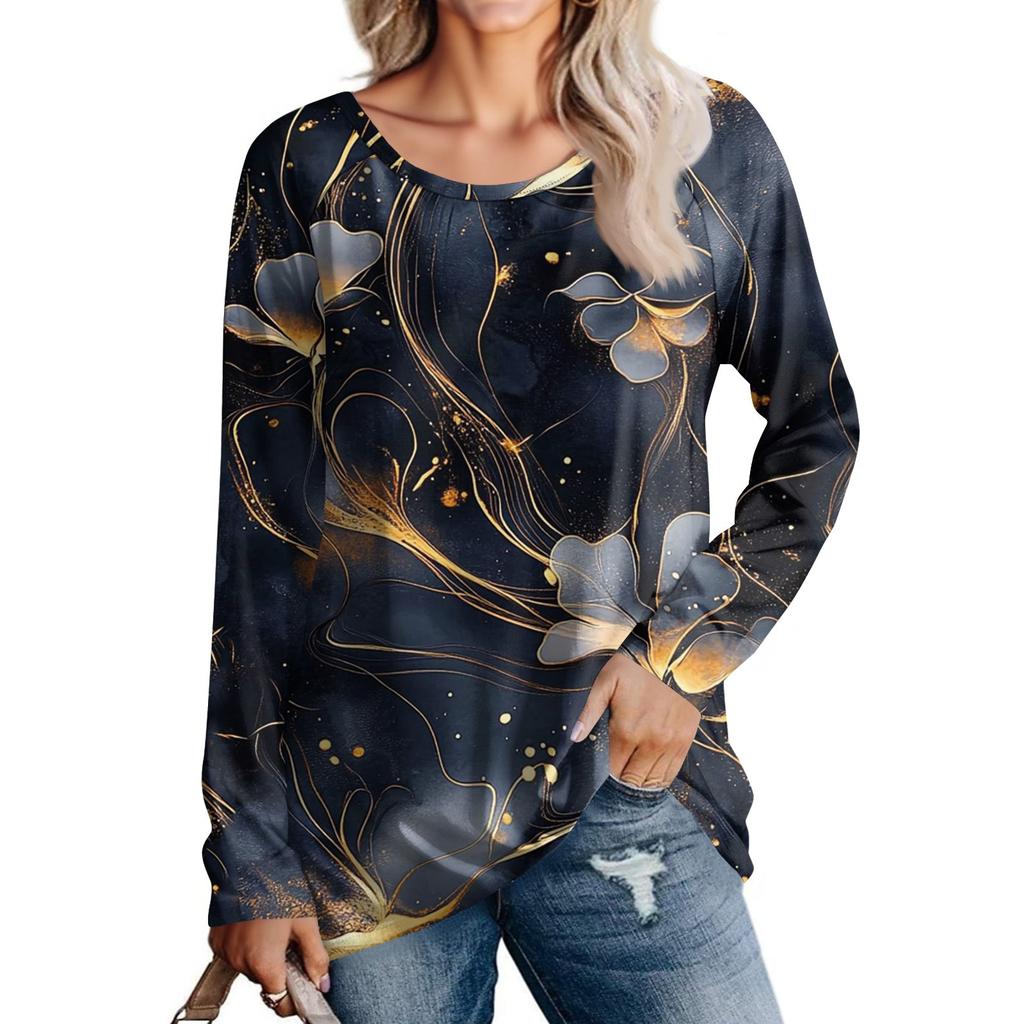 Women's Fashion Casual Long Sleeve  Print Round Neck Pullover Top Blouse