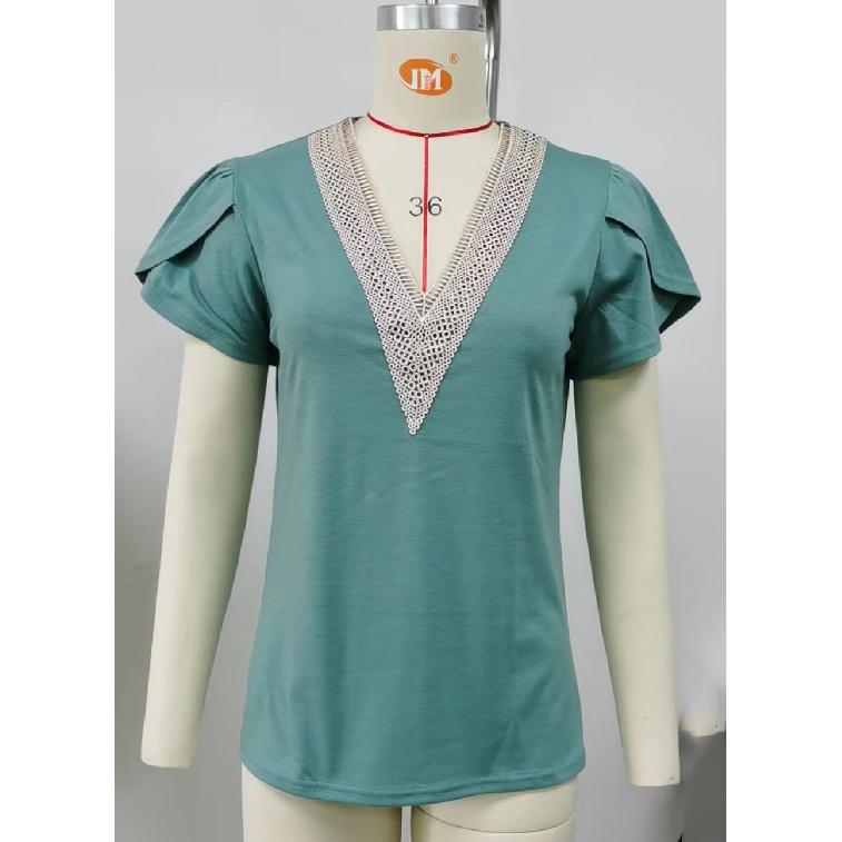 2025 European and American Spring/Summer New Gold Lace V-neck Tile Short Sleeve Solid Color T-shirt Top