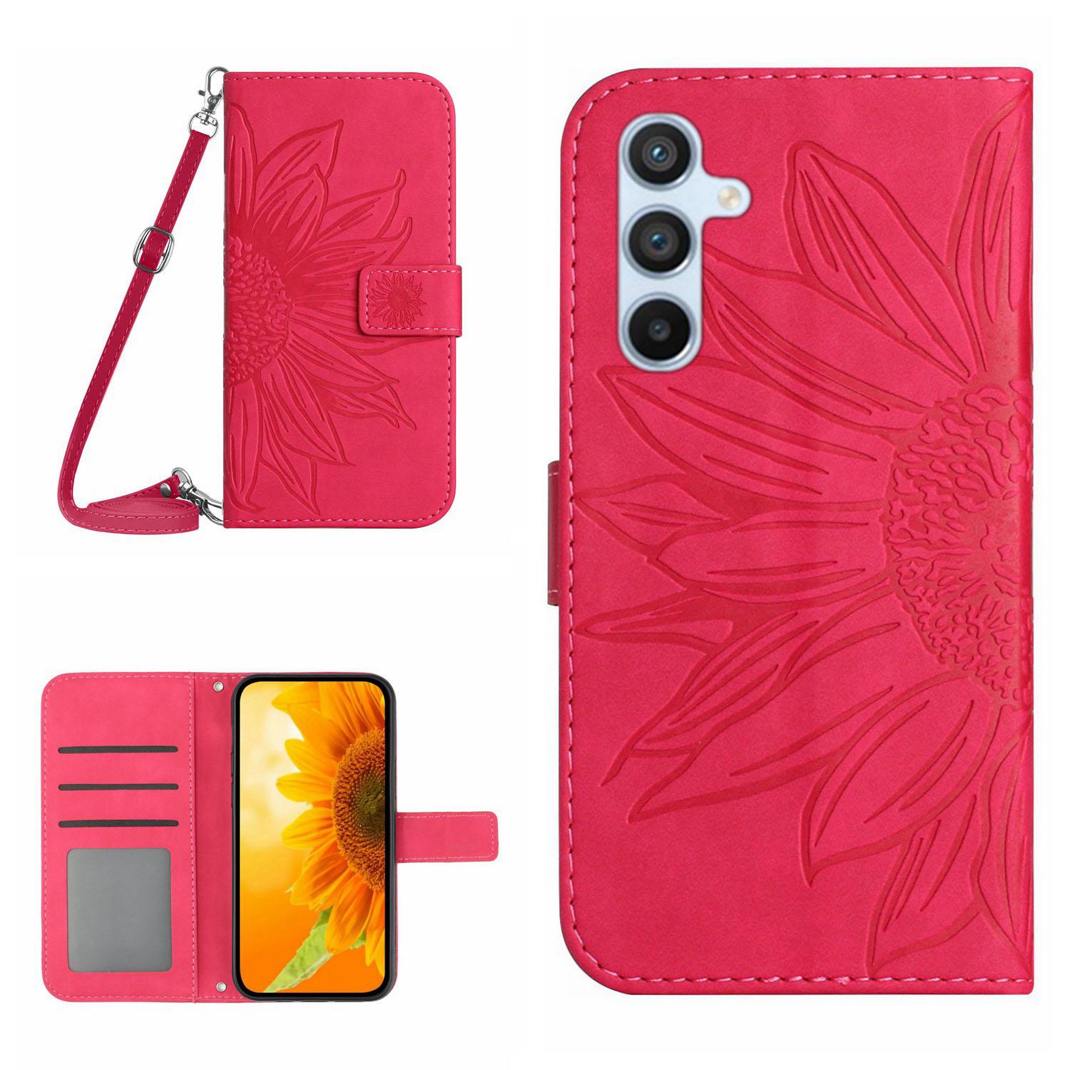 

HT04 For Samsung Galaxy A26 5G Case Sunflower Imprint PU Leather Phone Cover with Long Strap Rose