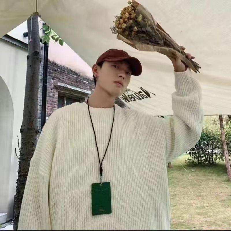 Loose Men's Pullover Knitwear Solid Color Round Neck Winter Base Layer Hong Kong Style Casual Crew Neck Sweater Autumn Winter