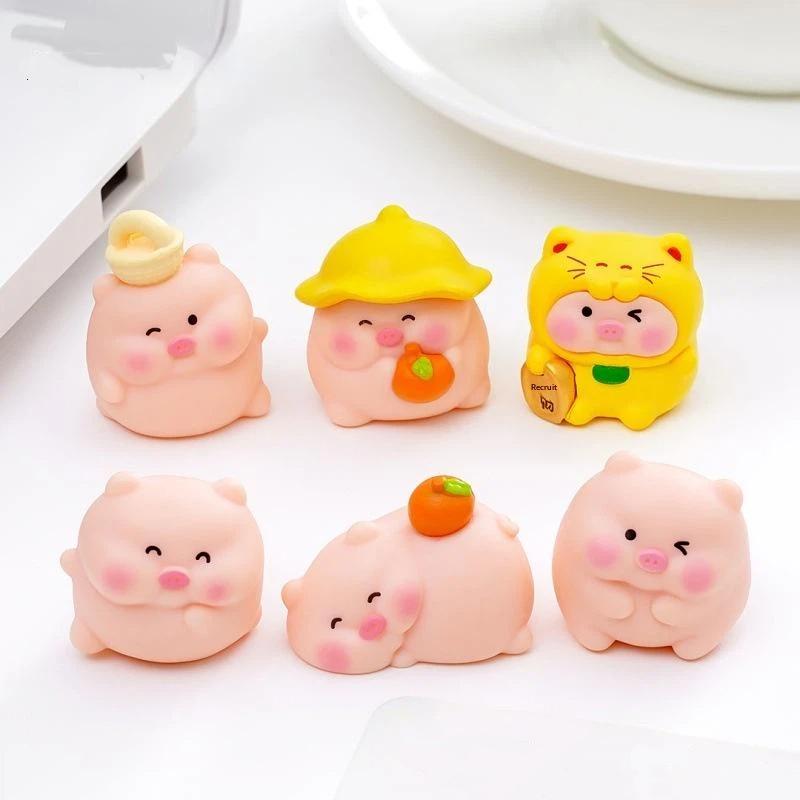 Mini Pig Resin Figurines 6 Pcs Cute Cartoon Animal Statues for Fairy Garden Home Office Desk Decoration Gift