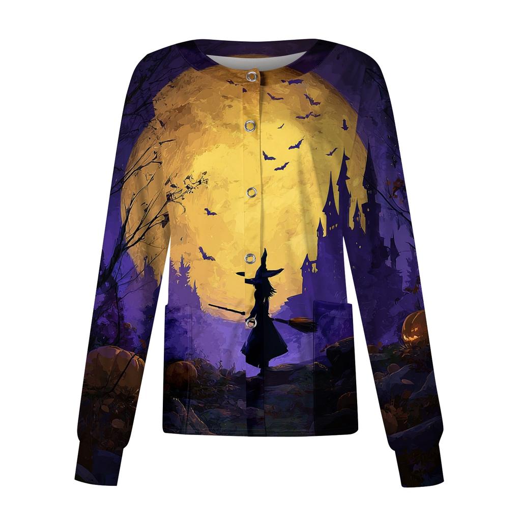 Women's Casual Long Sleeve Single-Breasted Cardigan with Halloween Print for Caregiver Costume