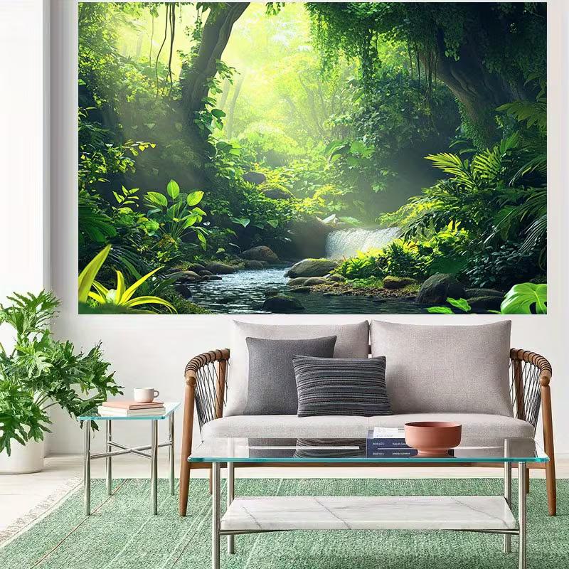 2D Misty Rainforest Waterfall Backdrop with Sunlight Photography Background