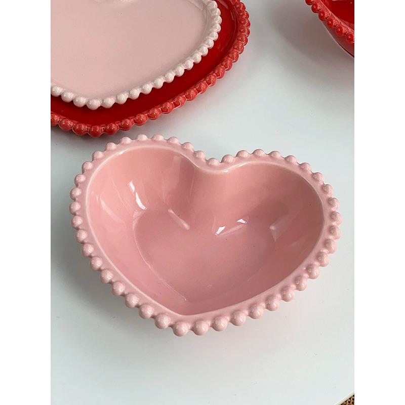 Kreative Rosa Perlenpunkte Keramik Herz Speiseteller Geschirr Haus Dessert Kuchenplatte Porzellan Salatteller Küchenutensilien Neu