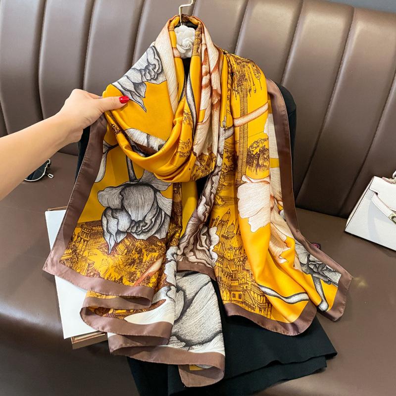 Spring and Summer Thin Silk Scarf High-end Printed Long Scarf New Satin Travel Sunscreen Scarf National Style Cloak