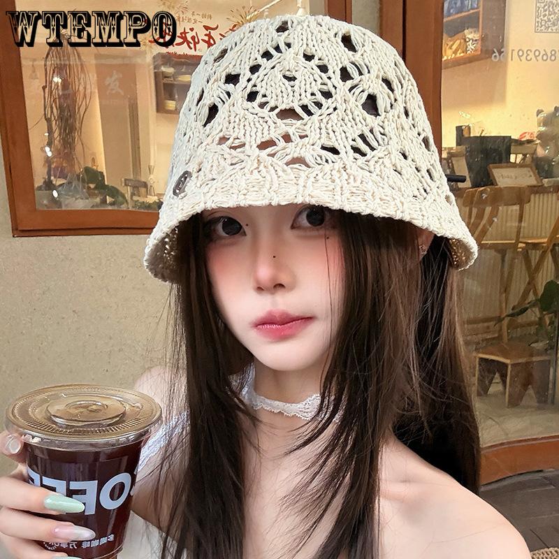 Women Hollow Floral Crochet Bucket Hat Breathable Openwork Wide Brim Sun Cap Lightweight Knit Fisherman Hat for Summer Daily Outdoor Travel Beach
