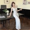New banquet host evening dress suspender sexy off-the-shoulder dress sequined temperament fishtail dress