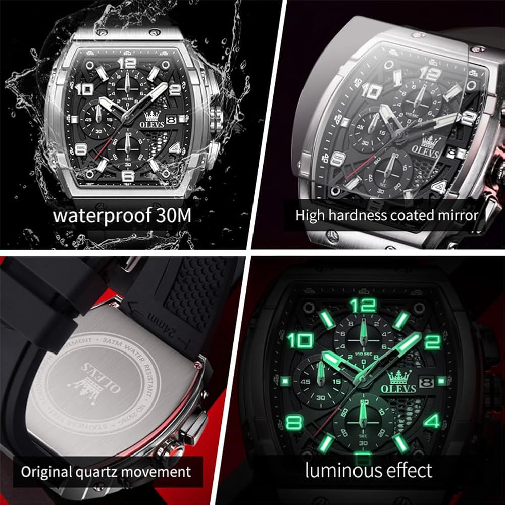 Relógio OLEVS Masculino Estiloso Cronógrafo à Prova d'Água Multifuncional com Pulseira de Silicone Prata Preto