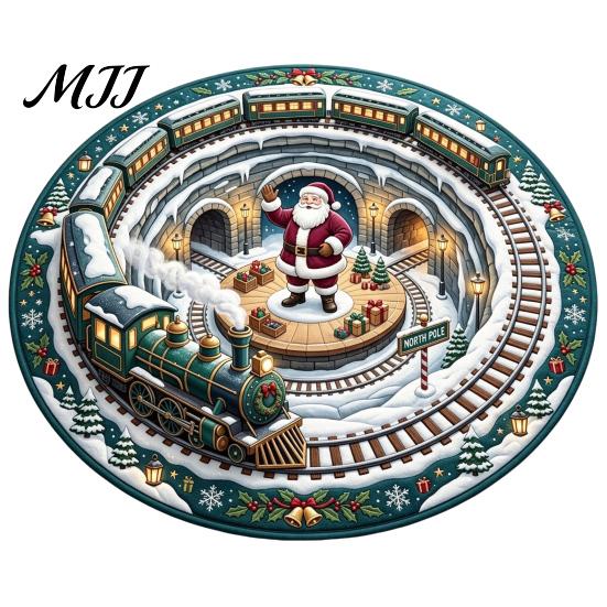 Festive Round Rug for Christmas 3D Rug, Vortex Optical Illusion Area Santa Snowman Staircase Durable Entrance Winter Depth Pattern, Non-slip Floor Mat