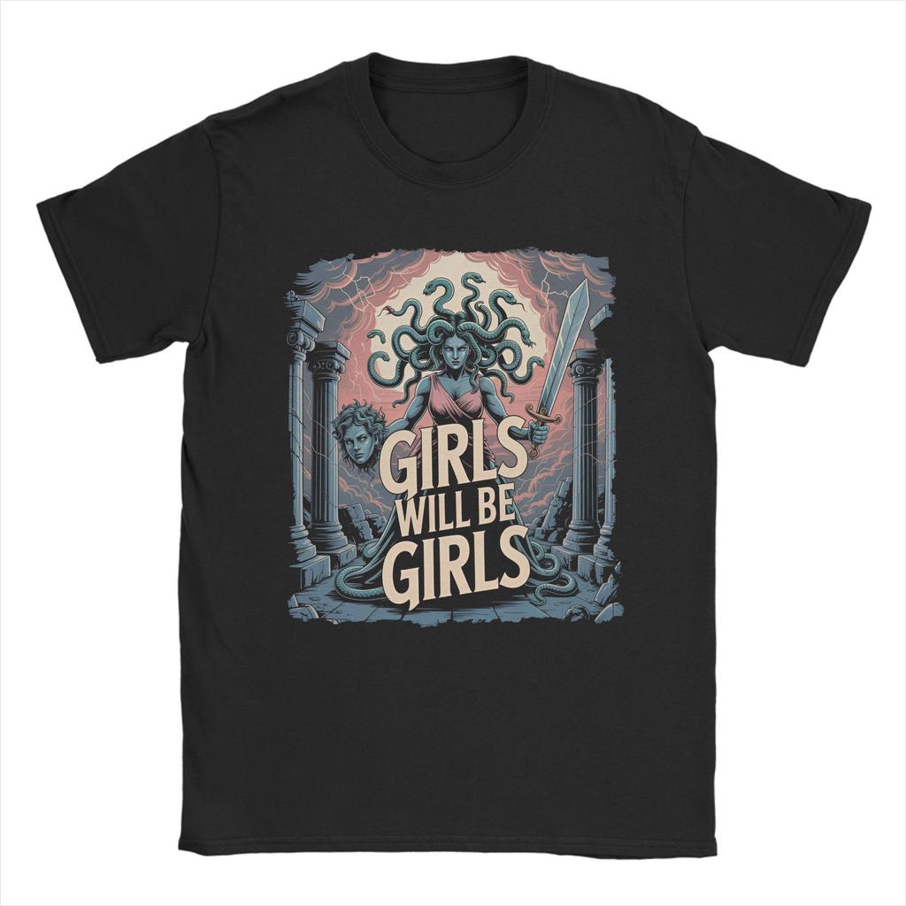 Mens T-Shirt Girl Will Be Girls Medusa Feminism Feminist Vintage T Shirts Fashion Beach Tee Shirt Pure Cotton Clothing Gift
