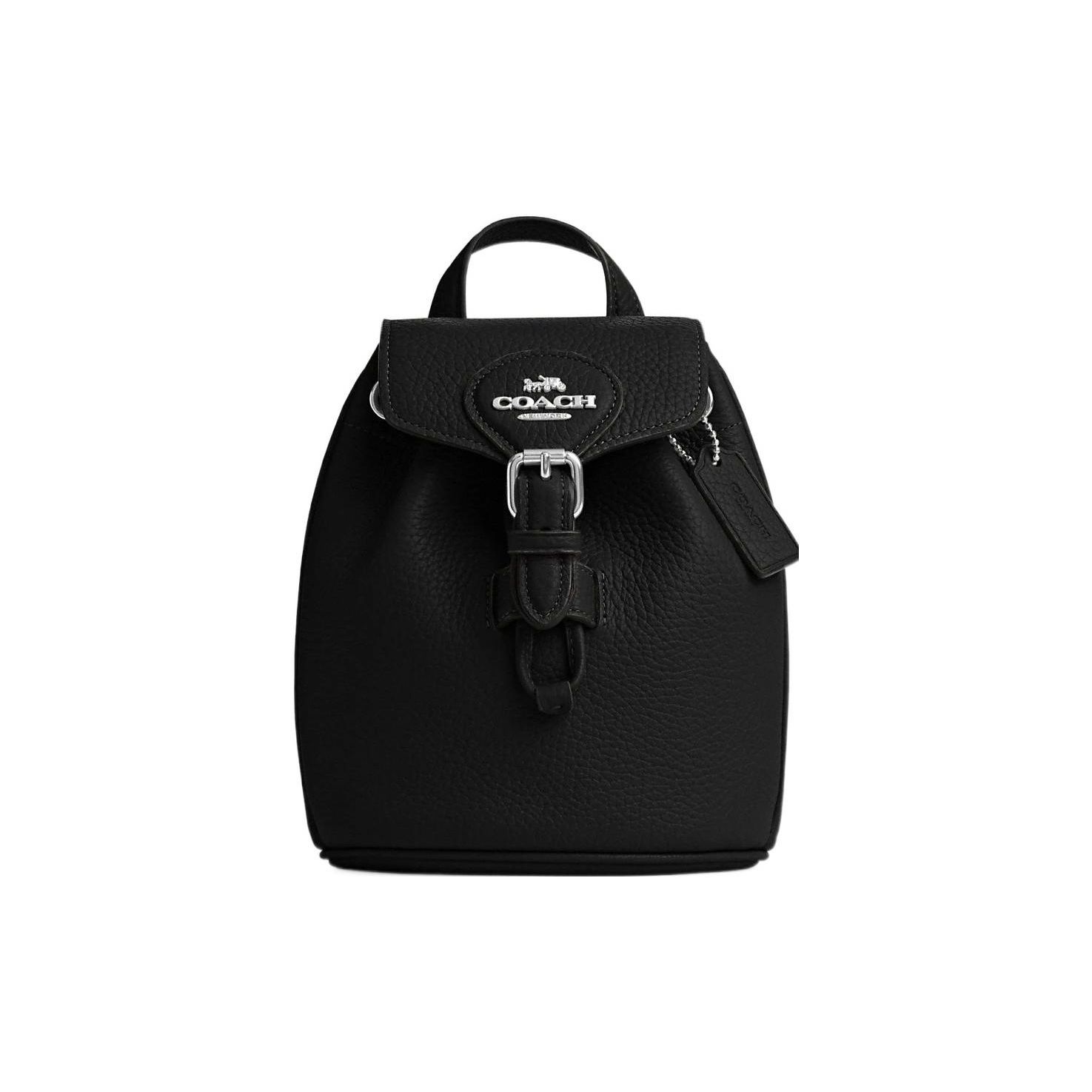 Coach Women's Silver/Black Amelia 16 Logo Snap Flap Closure Pebble Leather Backpack Small Backpack Cl408-Svdtv