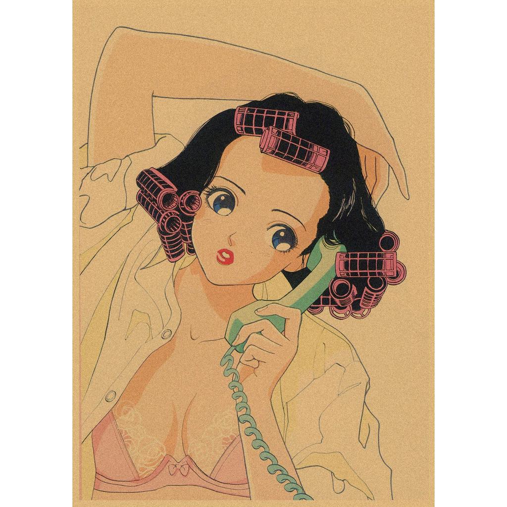Sakura Diaries Retro Kraftpapier Manga Illustration Wandkunst