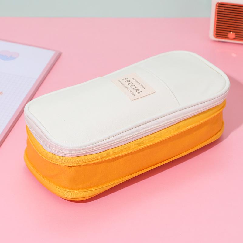 Colorblock Canvas Telescopic Pencil Case, Multifunctional Double Zipper, Convertible, Large Capacity Pencil Bag for Students
