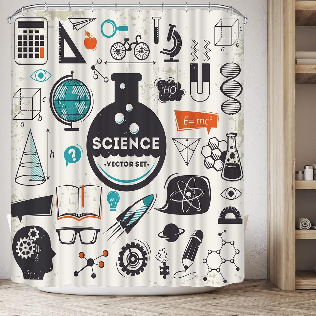 Science Shower Curtain, Black Chalkboard Biology Hand Written, Cloth Fabric Washable Bathroom Decor Set With Hooks, Black Brown