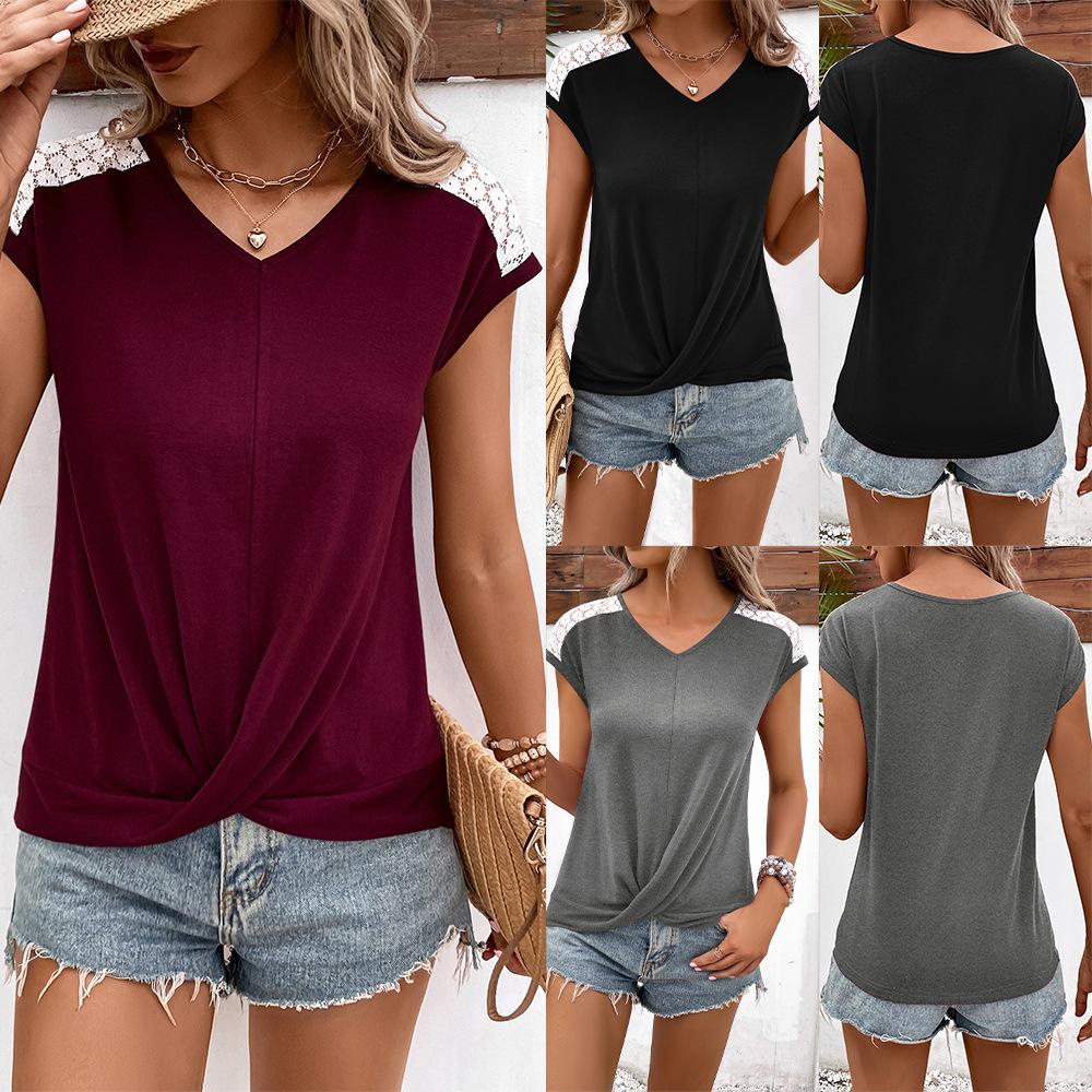 Women's Hollowed Out Lace Lace Patchwork V-neck Casual Comfortable Short Sleeved T-shirt