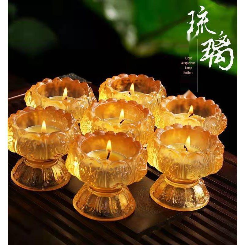 Colorful Lotus Ghee Lamp: Crystal Glass, Pure Copper Candle Holder for Buddhist Offerings