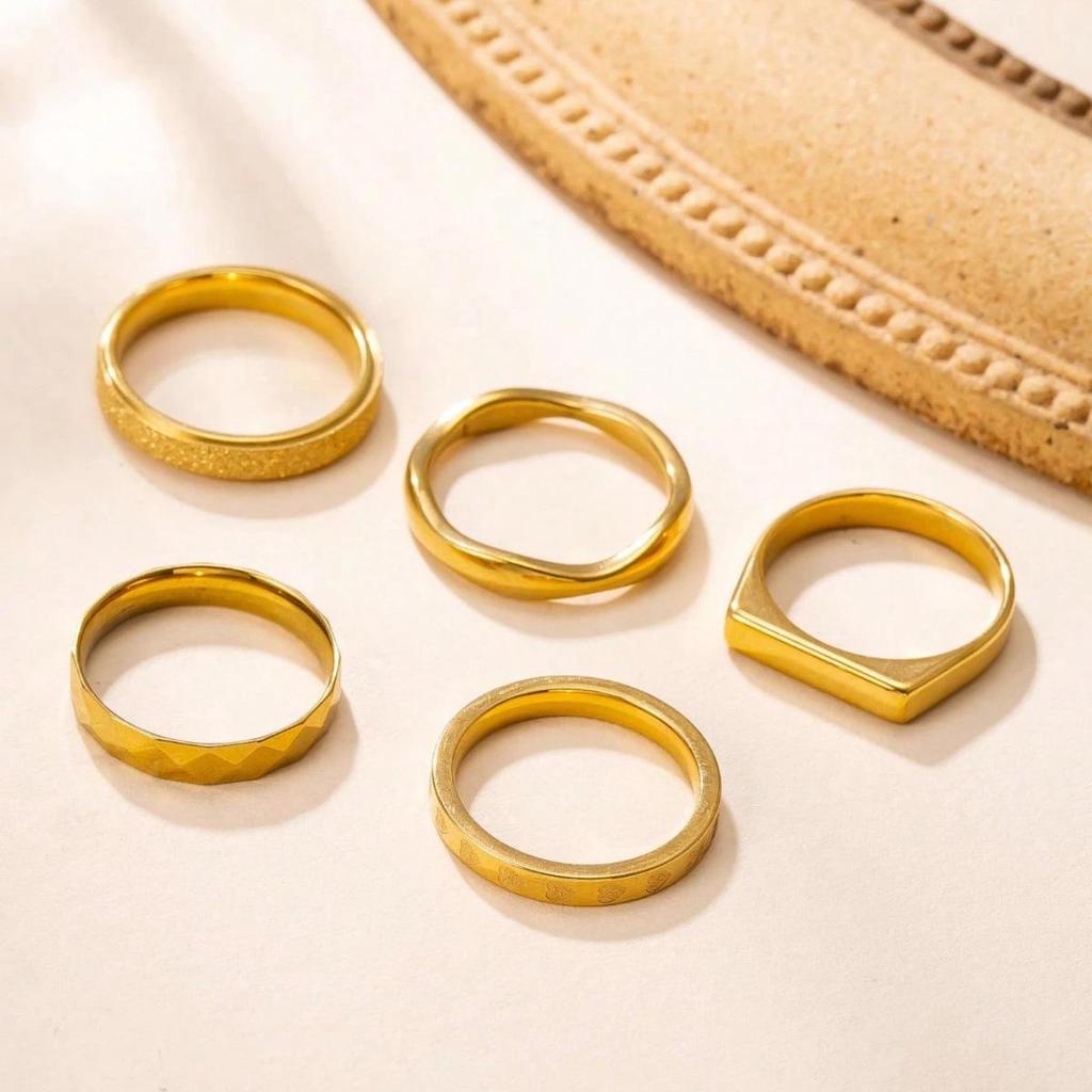Exquisite 5-Piece Gold-Plated Geometric Stainless Steel Ring Set for Women