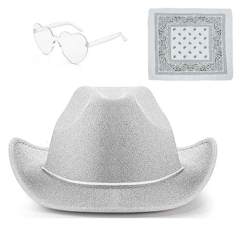 Pink Glitter Cowboy Hat Three-piece Set, Western Cowboy Glitter Cowboy Hat, Halloween Composite Cowboy Hat