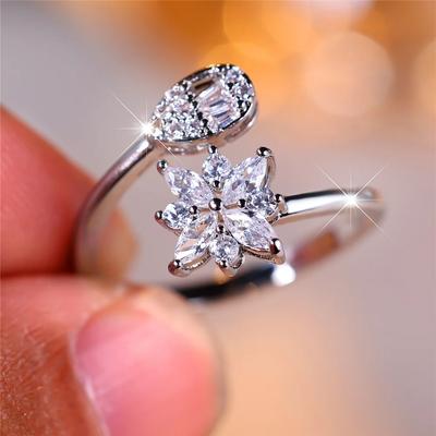 Small White Zircon Snowflake Open Ring for Women Silver Color Wedding Floral Aesthetic Jewelry