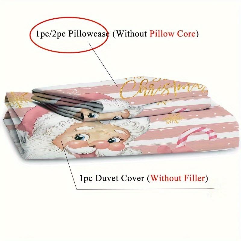 Christmas Santa Claus Duvet Cover Set - Cute Pink And White Stripe Bedding With Golden Merry Christmas Print - Soft Polyester