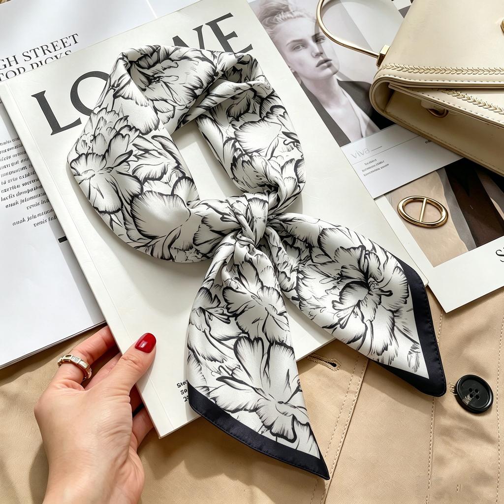 Commuter elegant flower silk scarf women's contrasting color retro printing satin scarf shirt with multi-purpose decorative small scarf