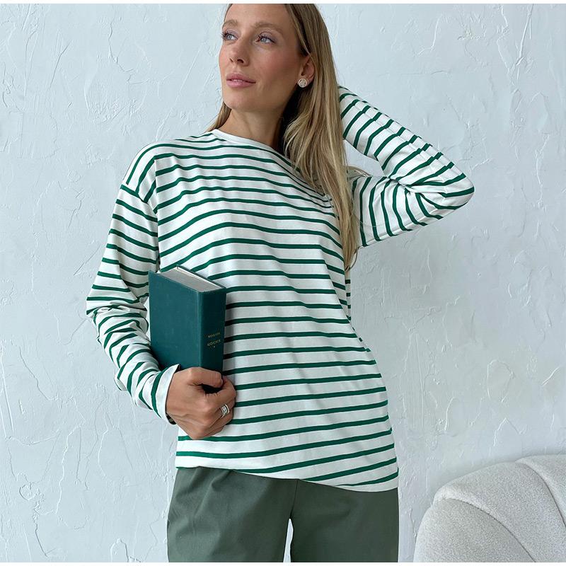2025 Spring Autumn Long Sleeve Striped T-Shirts Women Basic Casual Tops Female Cozy Loose Cotton Tees T-Shirt New