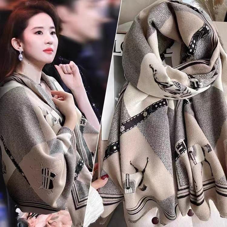 Women's Winter Ink Painting Scarf Shawl - High-End Imitation Cashmere, Knitted for Warmth and Style