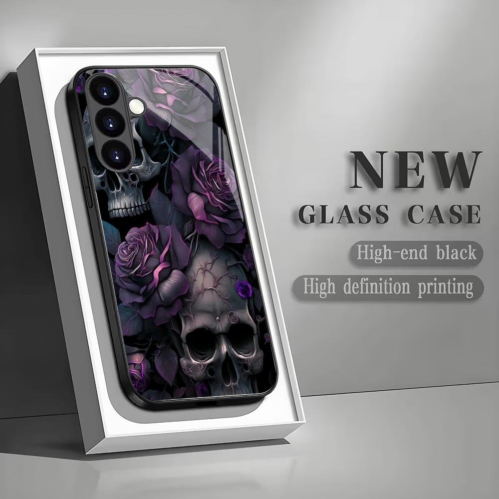 Flower and Skull Pattern Glass Phone Case Suitable for Samsung Galaxy S26 S25 S24 S22 S21 S20FE Ultra Plus5GAnti Drop Back Cover