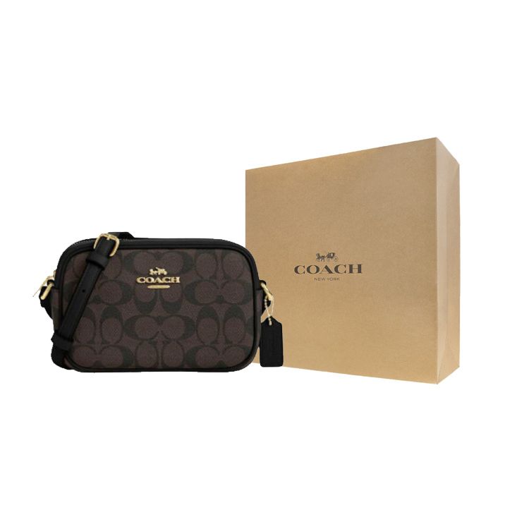 Coach Jamie 21 Classic Monogram Gold Logo Hardware Zipper Coated Canvas Camera Bag Women Shoulder Bag Brown Black CQ874-IMAA8