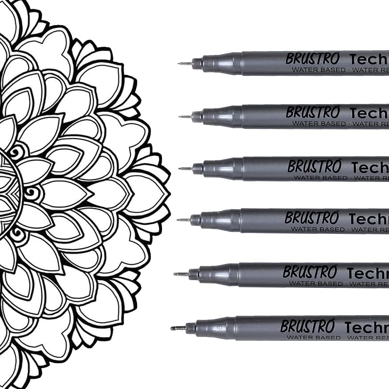 BRUSTRO Technical Fineliner Pen I Black I Set of 6 - Tip Sizes - 0.05mm, 0.1mm, 0.2mm, 0.3mm, 0.5mm, 0.8mm | Ideal For M