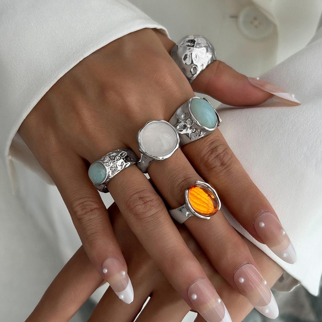 Mix and Match Stacked Gemstone Ring Set for Women, Retro Niche Percussion Open Ring Jewelry.