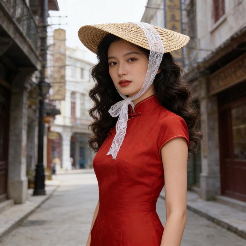 French Style Lolita Straw Hat Victorian Bonnet Sweet Lace-Up Beach Hat Hair Accessories Handmade Flat Top Hat