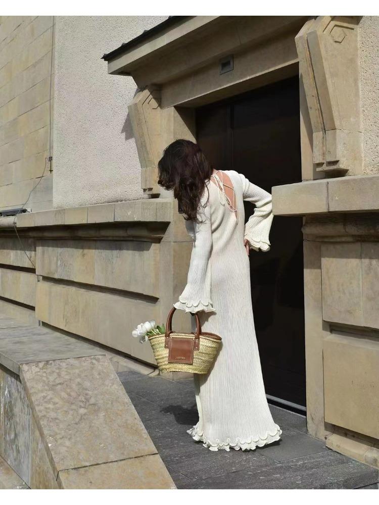 Elegant Flared Long Sleeve O-Neck Dress Women Casual Lace Fishtail Slim Party Dresses Female Fshion Chic Solid Summer Streetwear Dress