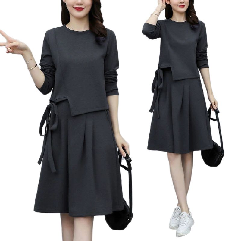 

Women s Loose-Fit Two-Piece Set Long-Sleeve Pullover Top and Skirt XL